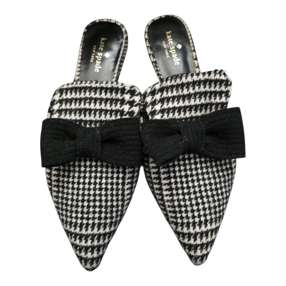 KATE SPADE Karin Houndstooth Black & White Bow‎ Pointed Toe Slip-Ons Mules - 9M